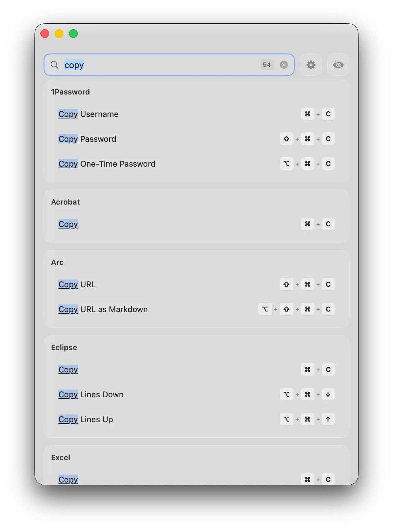 KeyShortcut search showing results across multiple apps